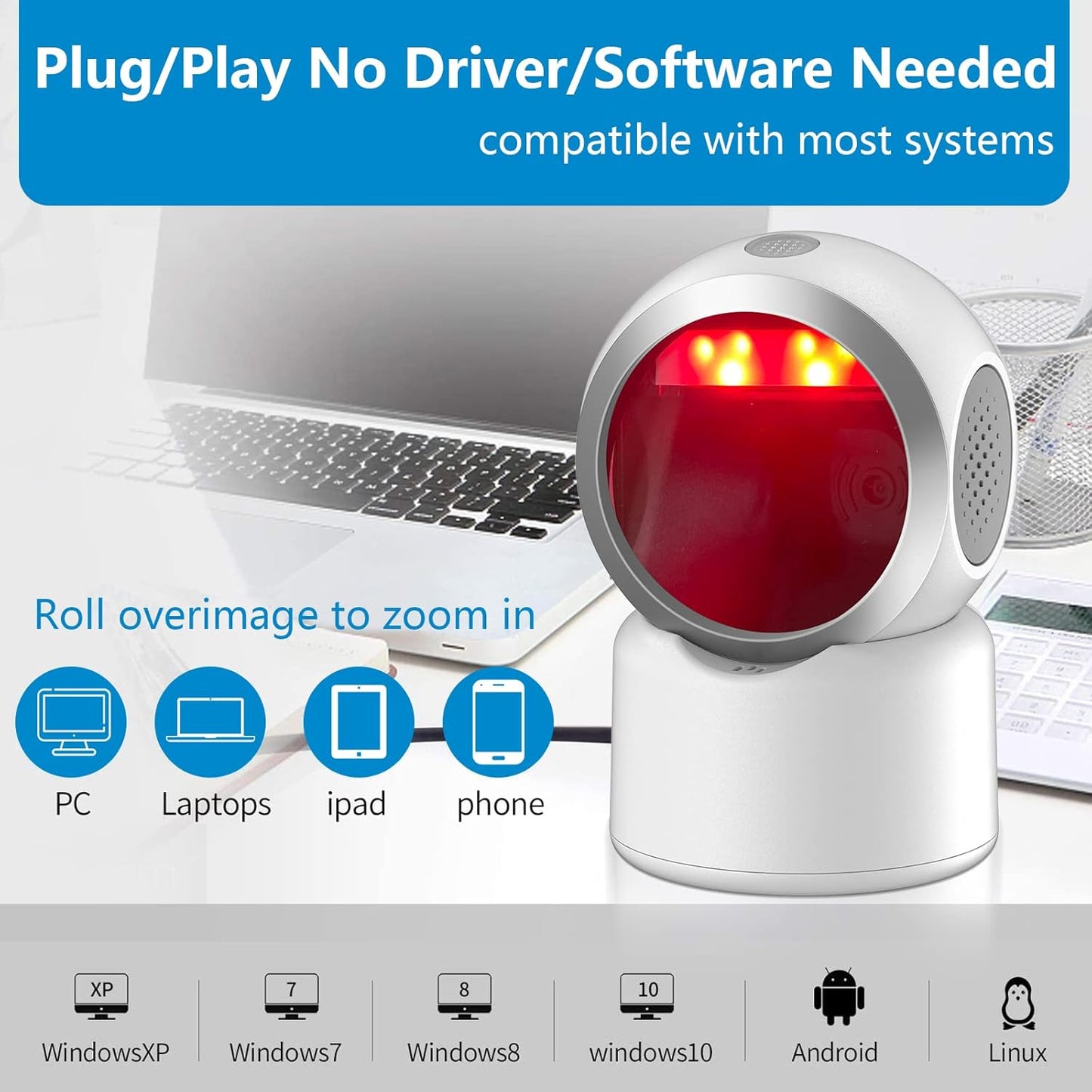 2D QR Hands-Free Barcode Scanner Omnidirectional Automatic Sensing Scanning USB Barcode Reader Adjustable Screen Scanning Platform Scanner for POS PC Supermarket Bookstore