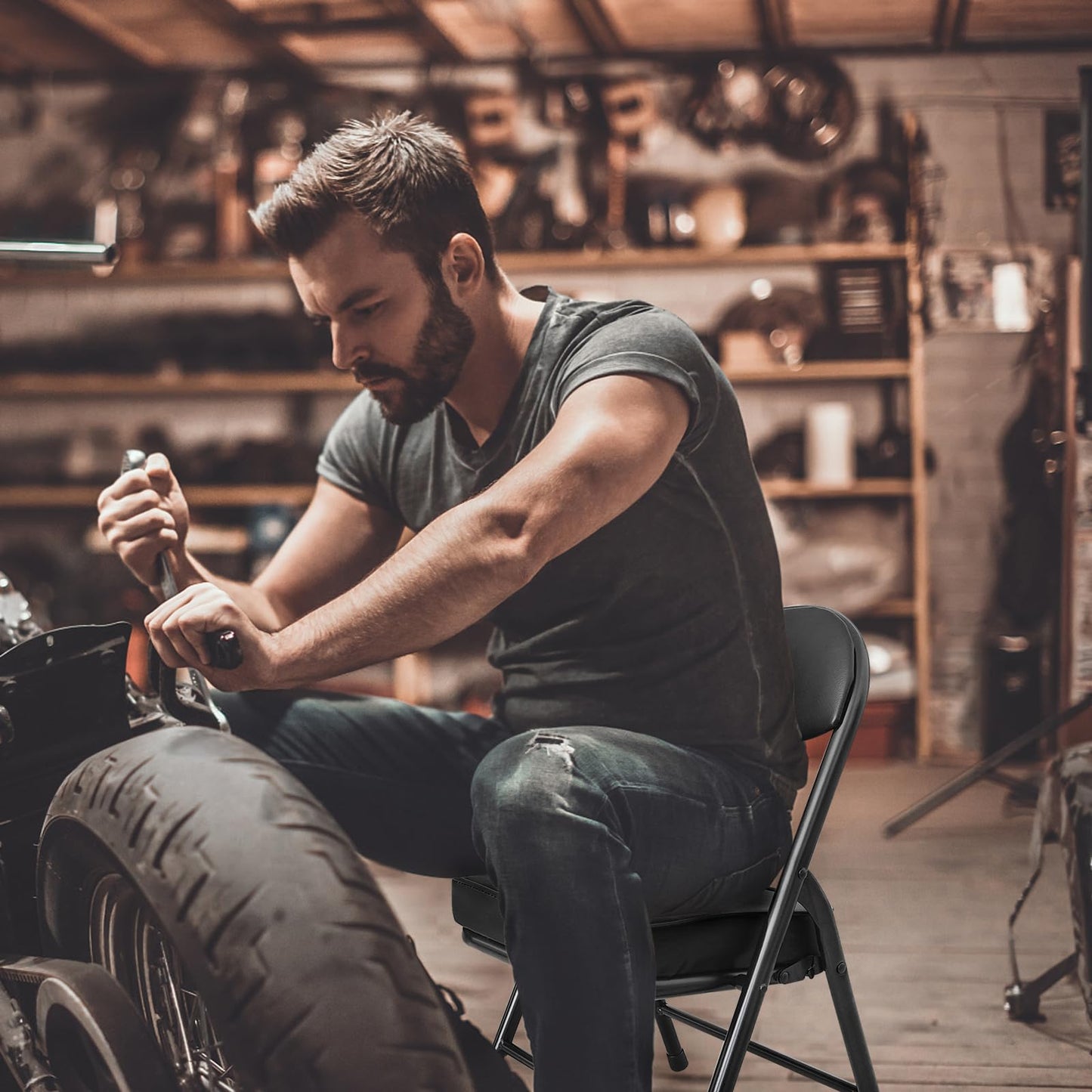 fusehome Mini Folding Chair, Garage Stool, Portable Camping Chair with Padded Seat, Lightweight and Compact Lawn Chair, for Patio, Garage, Camping, Fishing, Hiking, Hunting, Picnic, Beach, Black