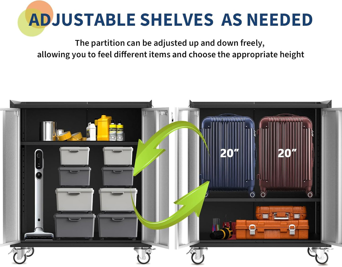 Heavy Duty Garage Storage Cabinet with Wheels, Rolling Tool Cabinet with Adjustable Shelf & Lockable Doors, Rust Resistant Tool Cart for Home Office Workshop, Grey