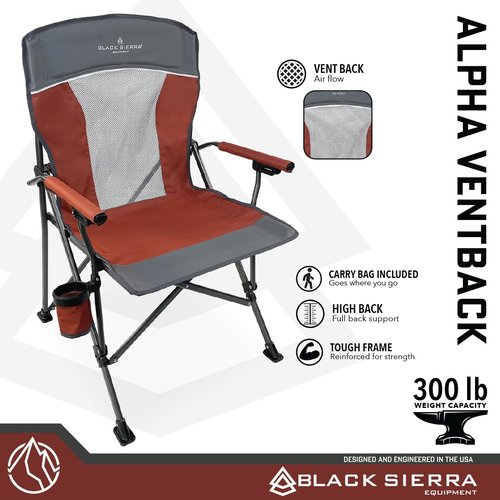 Black Sierra Camping Chair w/Padded Hard Armrest, Folding Lawn Chair w/Mesh Vented Back, Portable Beach Chair w/Cup Holder and Carry Bag, Supports 300 lbs for Sports, Backyard, Tailgating