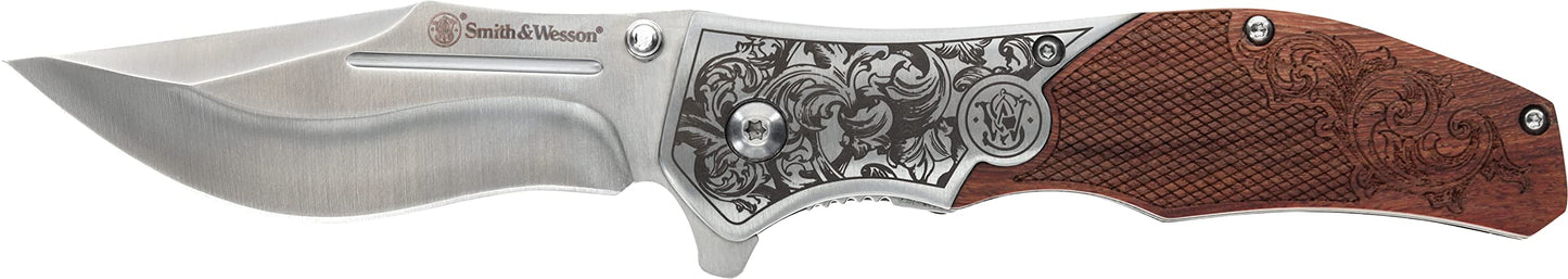 Smith & Wesson Accessories Smith & Wesson Unwavered Folder Featuring Engraved Rosewood Handle, Drop Point Blade, and 8Cr13MoV Stainless Steel