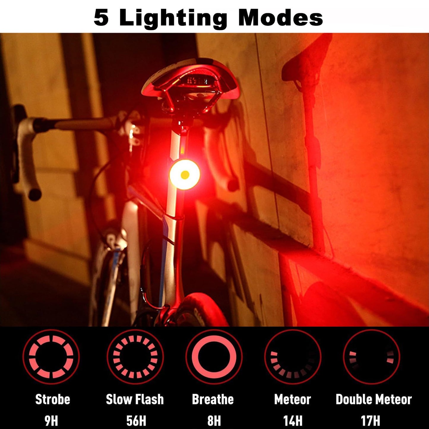 AaiLucky Bike Tail Light, LED Bicycle Rear Light for Night Riding, Rechargeable Helmet Warning Light, Adults Kids Cycling Scooter Accessories, 5 Lighting Mode & 56H Running Time, Waterproof