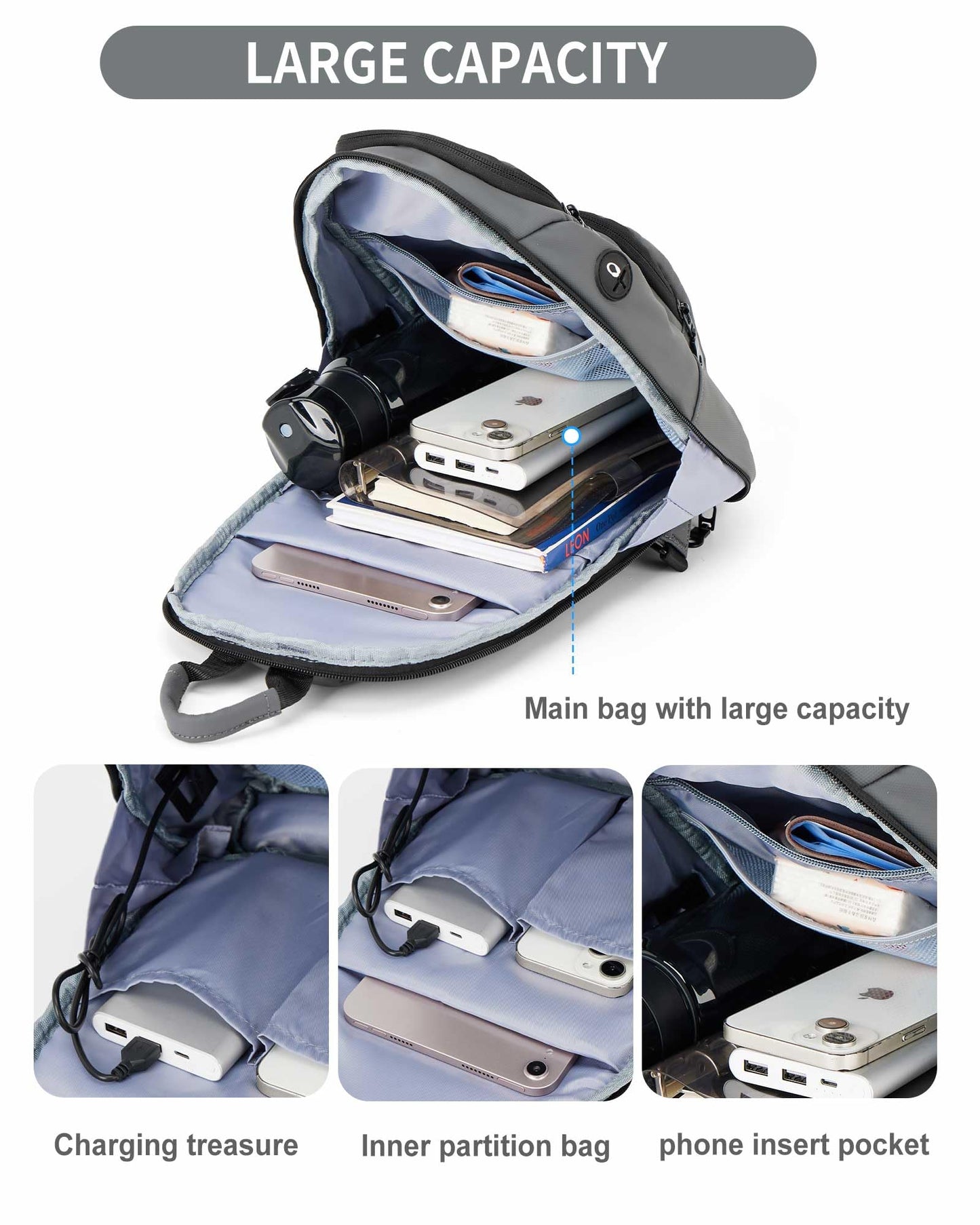 Grey Sling Bag for Men Women, Small Anti Theft One Strap Motorcycle Backpack Sling Tactical Chest Bag for Swimming Diving Outdoor Sports