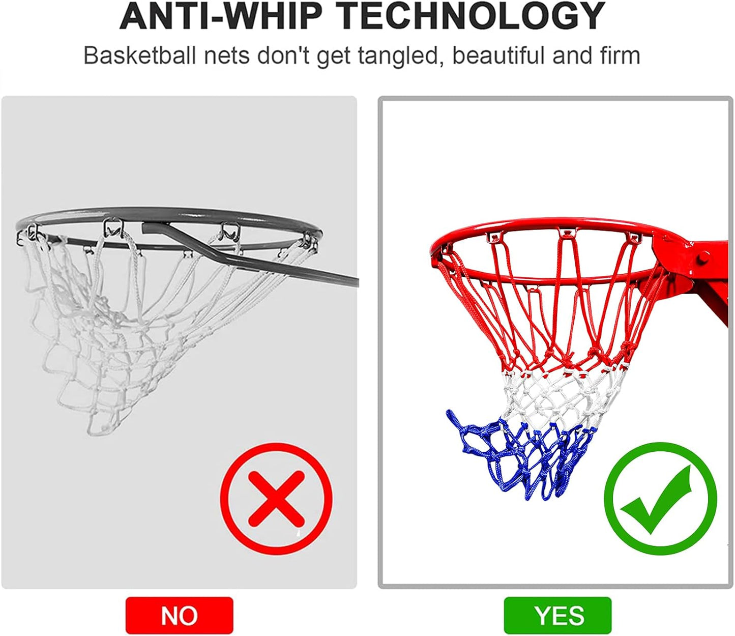 Heavy-Duty Basketball Net Replacement | All-Weather Anti-Whip | 12 Loops (Red/White/Blue)