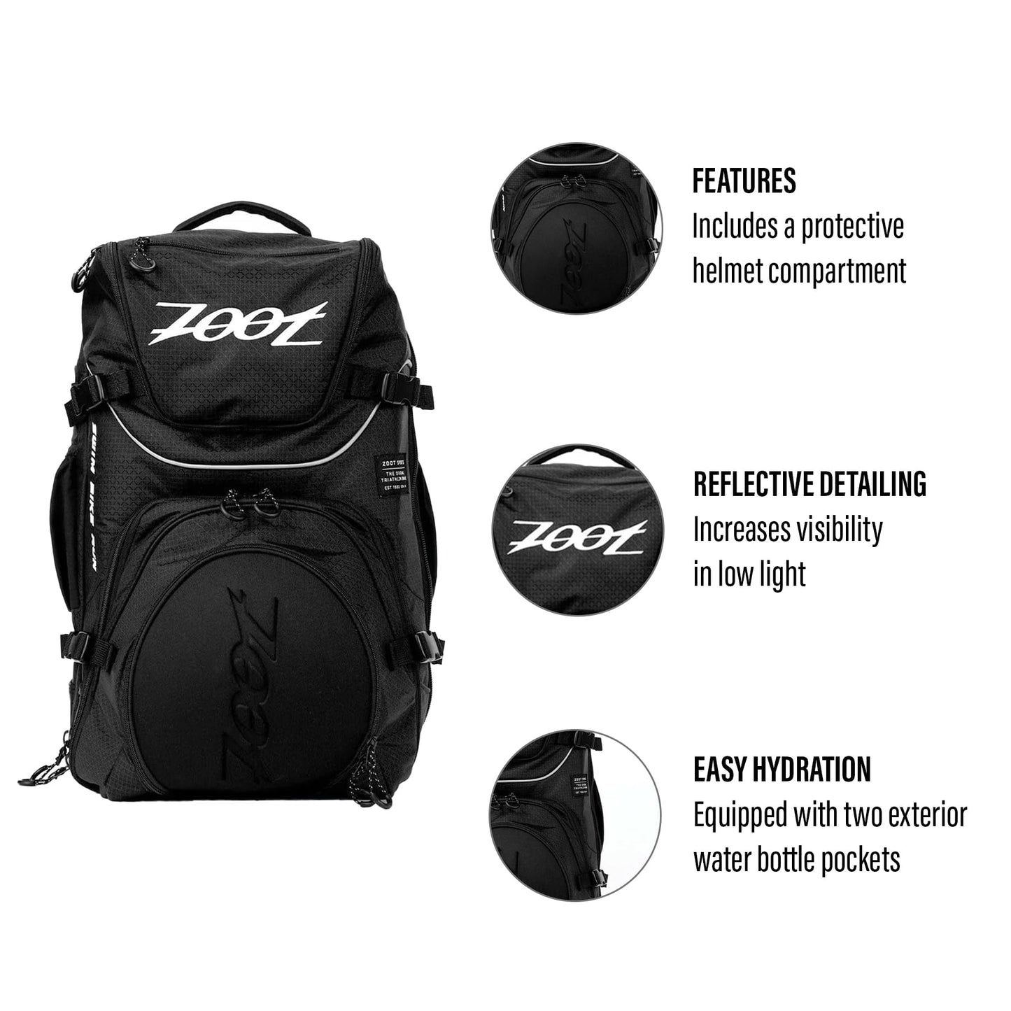 Zoot Ultra Tri Bag, Triathlon Transition Backpack with Wet Storage for Men & Women Athletes, Race Day, Travel & Train, Black