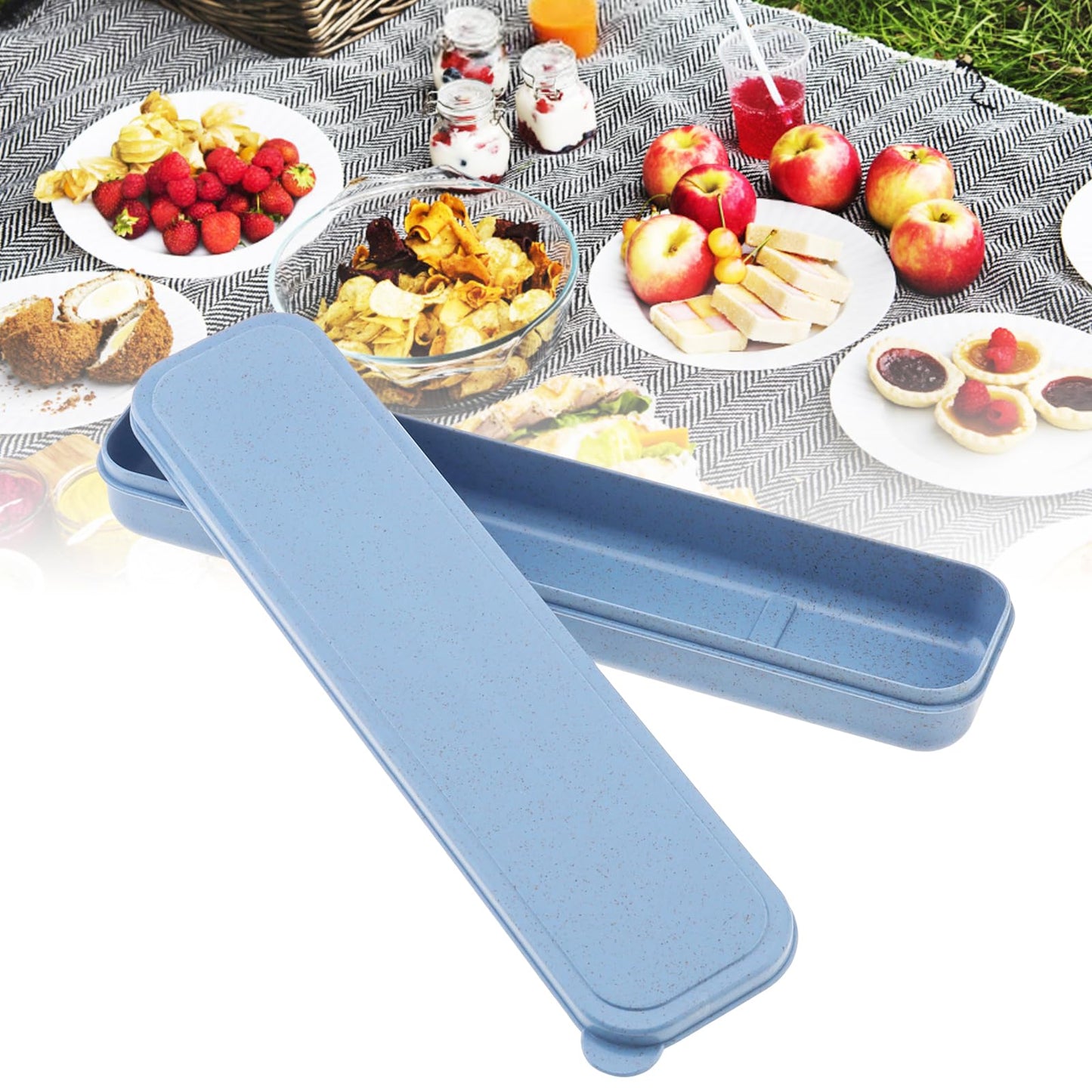 OriGlam 1pcs Reusable Utensils Wheat Straw Travel Cutlery Box, Portable Tableware Flatware Box for Picnic Camping (Blue)