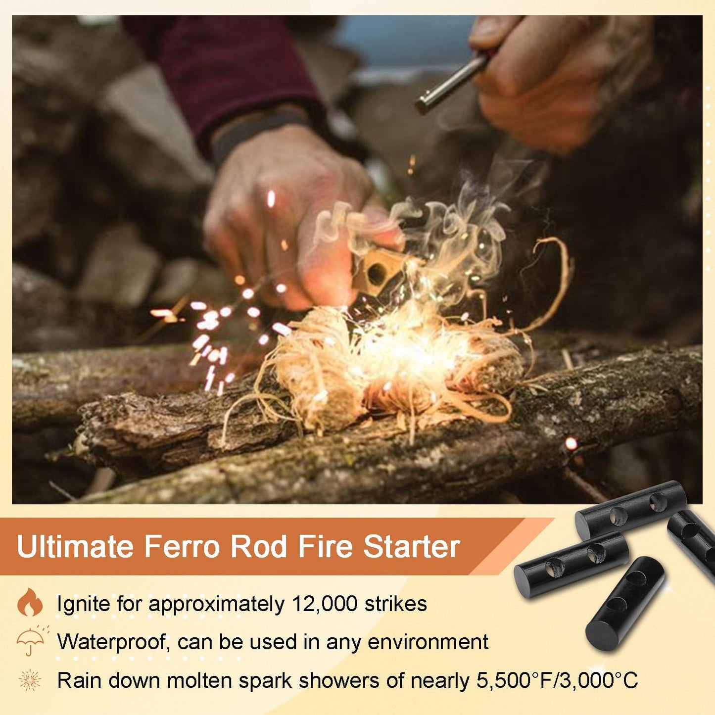2 Pack Ferrocerium Rod Fire Steel,3/8x4 Inch Ferro Rod Fire Starter,Camping Fire Starter Survival,Flint Stick for Paracord Bracelet keychain lanyard Camping Hiking DIY Outdoor Emergency Kit