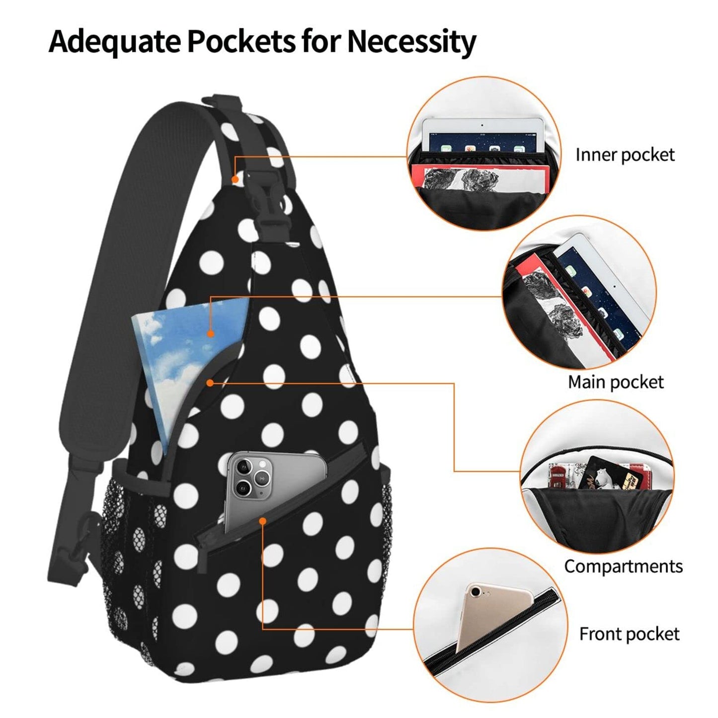 SURERUIM Black White Polka Dot Sling Bag for Women Men Crossbody Shoulder Backpack White Dots on Black Background Dice Design Chest Bags Abstract Dots Pattern Casual Travel Hiking Daypack