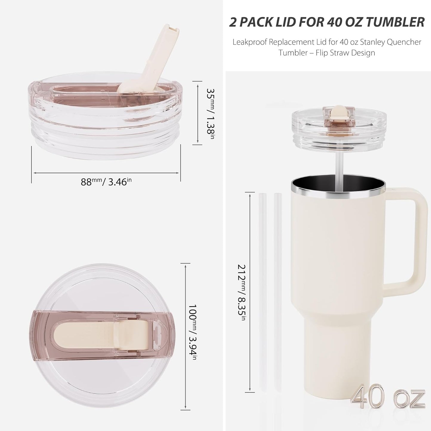 Stanley 40 Oz Quencher H2.0 | 2-Pack Leakproof Replacement Lid – Black
