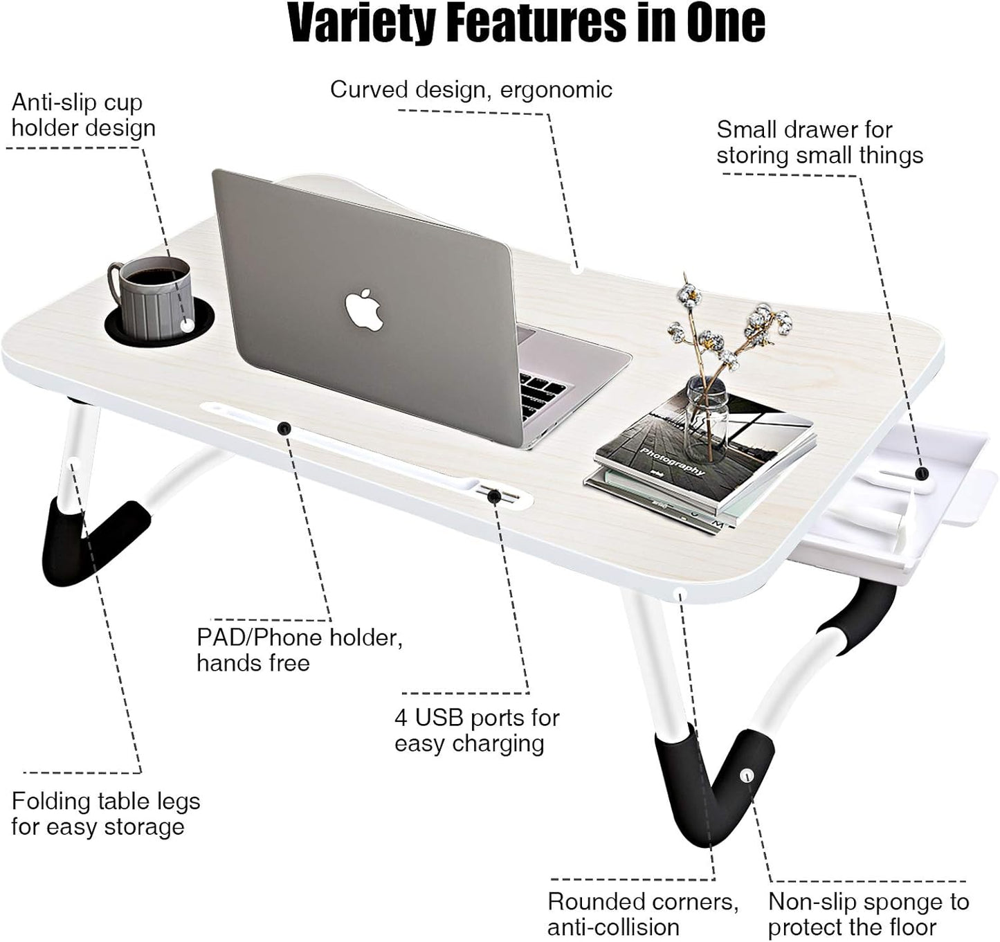 Laptop Bed Desk,Portable Foldable Laptop Lap Desk Tray Table with USB Charge Port/Cup Holder/Storage Drawer,for Bed/Couch/Sofa Working, Reading