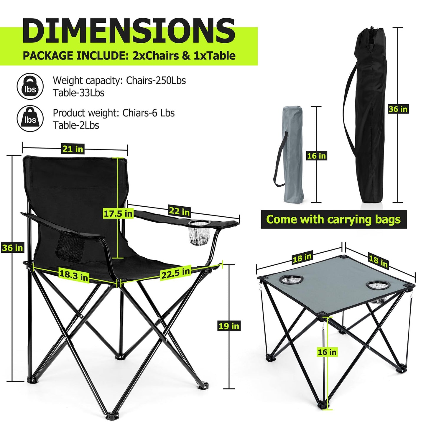 Joyfair Camping Chairs & Table Set(2 Chairs + 1 Table), Heavy Duty Portable Outdoor Lawn Large Folding Chair for Adults, Ideal for Backpacking Fishing Hiking, Carry Bag & Cup Holder (Black Chair)