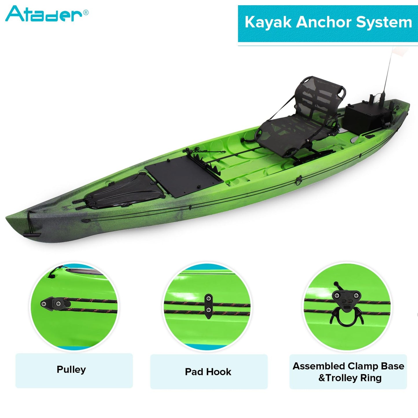 Atader Kayak Anchor Trolley Kit, Standard Anchor Trolley System for Kayak Canoe, Suitable for Freshwater and Saltwater Use, with Stainless Steel Screws