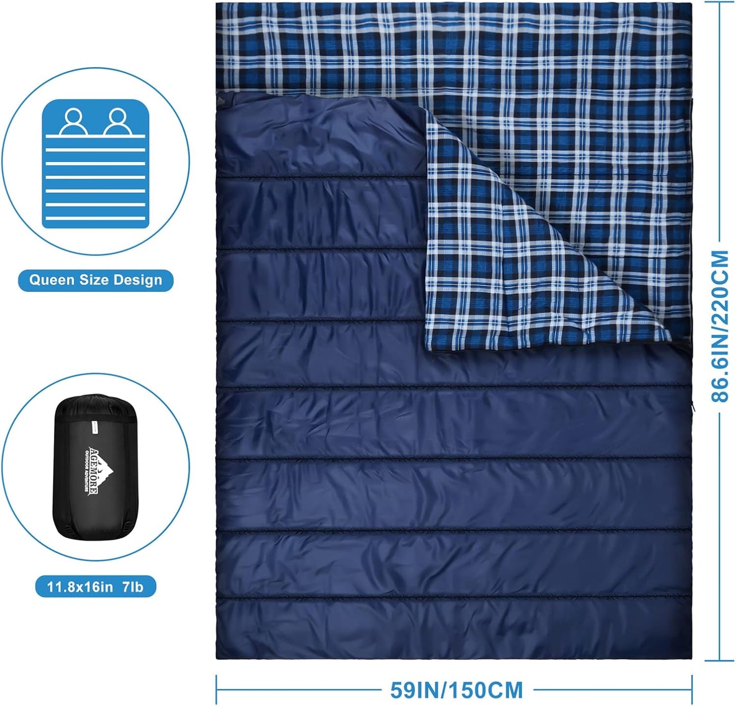 AGEMORE Cotton Flannel Double Sleeping Bag for Camping, Backpacking Or Hiking. Queen Size 2 Person Waterproof Sleeping Bag for Adults Or Teens. Lightweight with Compression Sack