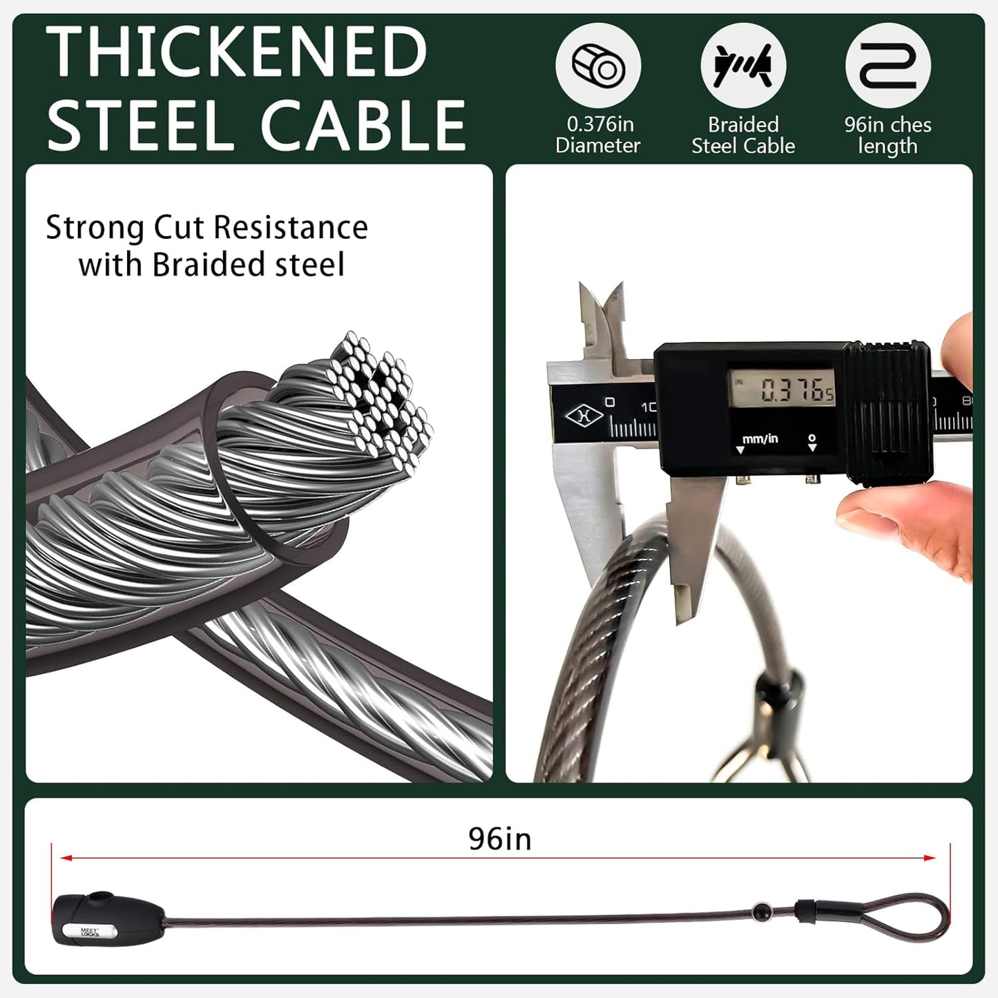 Bike Cable Lock,8ft Adjustable Steel Cable Lock,Cable Dia.10mm Portable Coiling Steel Loop Lock with 3 Keys for Outdoor Equipment, Bicycles, Scooters, Fence, Gate (Black)