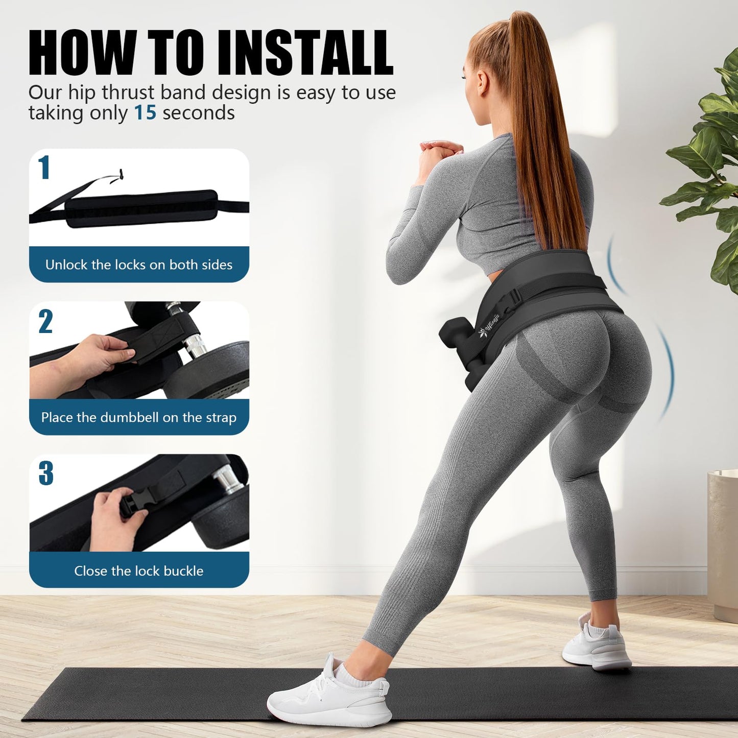 Exercise Hip Thrust Belt - Dumbbell Hip Thrust Belt, Thicken & Widen, Comfortable for Dumbbells, Kettlebells or Plates, Slip Padding, Gym or Home Workouts (black)