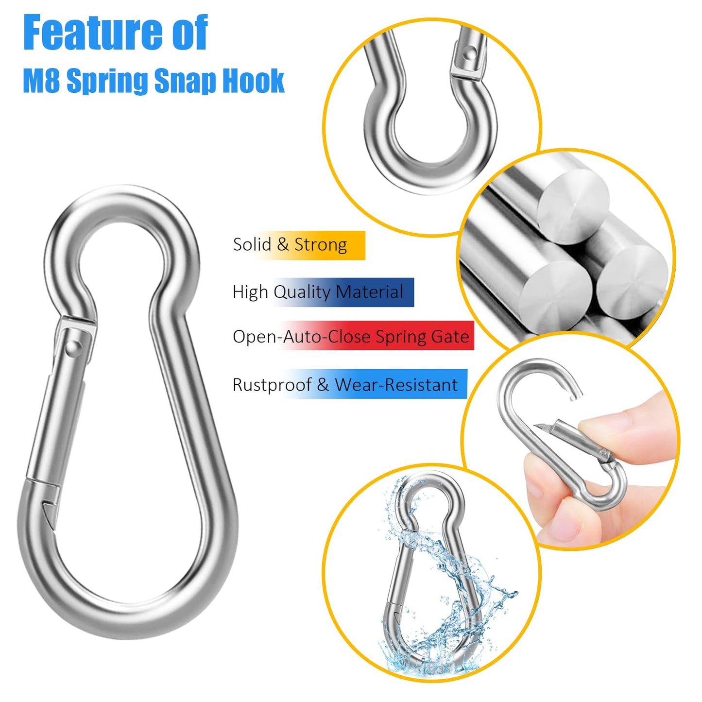 100PCS M8 Spring Snap Hook Carabiner, 3" x 5/16" Heavy Duty Galvanized Steel Carabiner Clips, 470LBS Capacity Spring Quick Links Clips for Camping Hiking Hammock Swing and Outdoor Activities