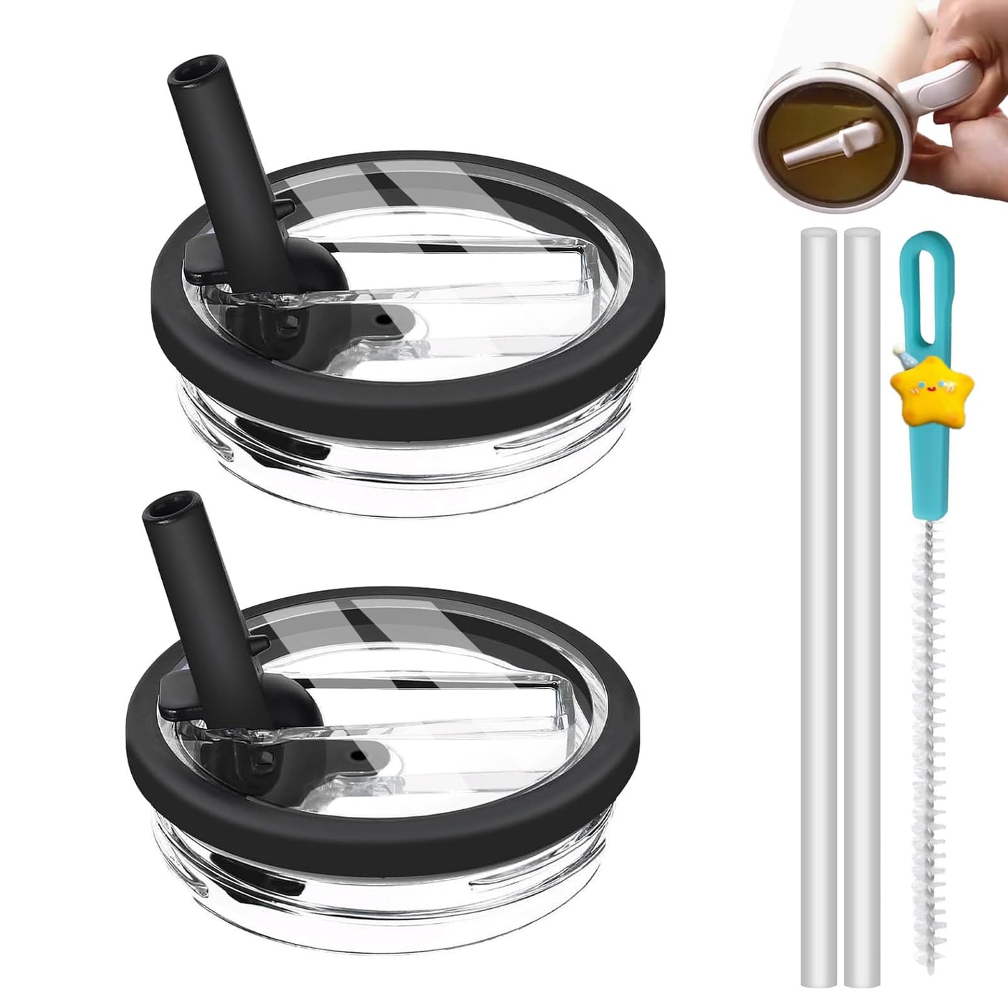 2 Pack Replacement Leak Proof Lid Compatible with Stanley 40oz Quencher Tumbler,100 color combinations for Stanley Cup Accessories,Flip Straw Lids for Quencher H2.0 (BLACK+BLACK)