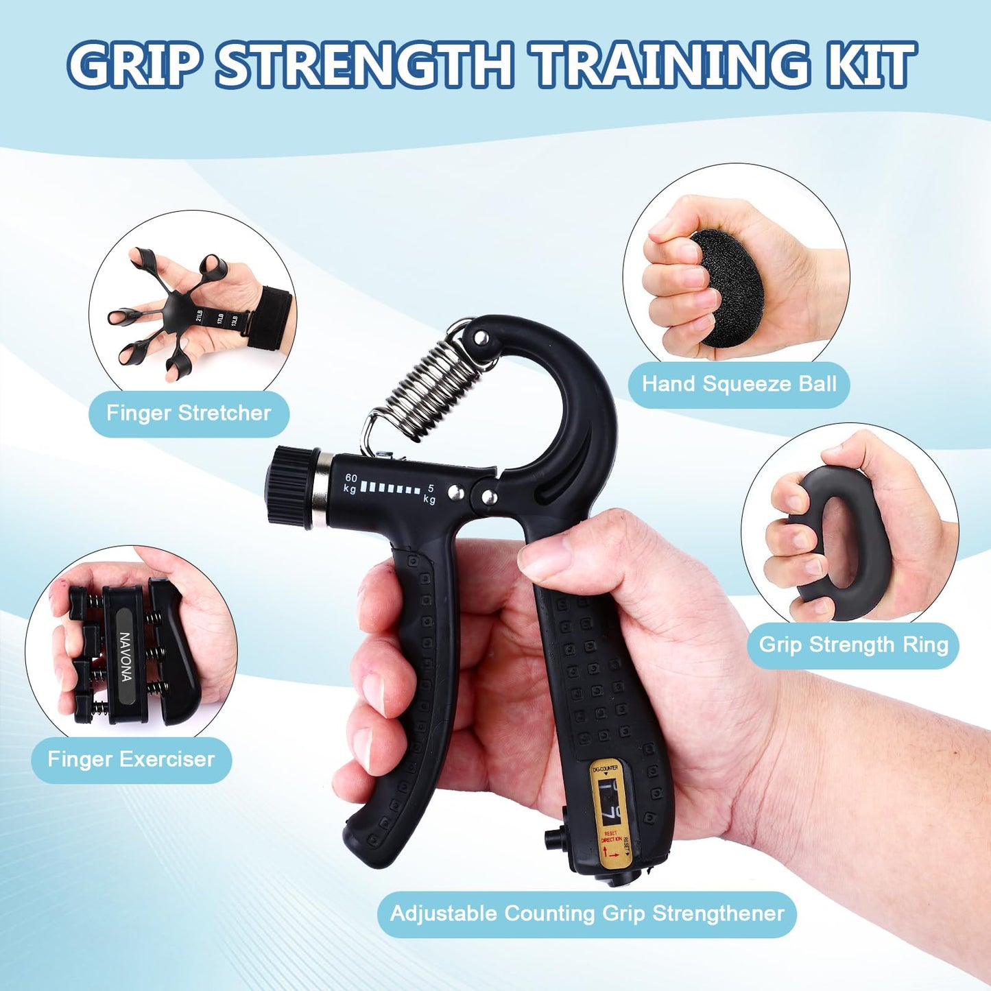 10 PCS Grip Strength Trainer Kit, Hand Gripper Strengthener, Forearm Strengthener, Finger Strengthener, Finger Exerciser, Stress Relief Ball,Forearm Workout Ring for Muscle Building and Injury Recover