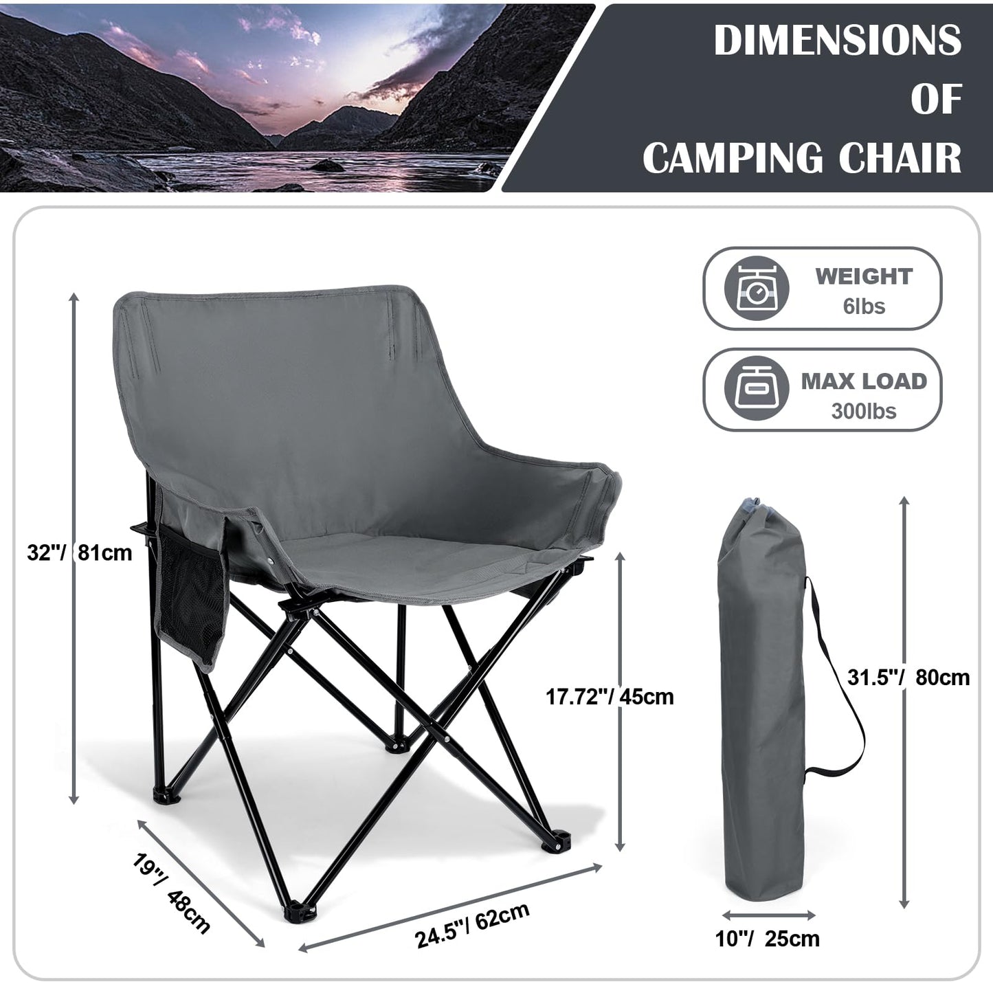 Leonyo Camping Chair, Oversized Folding Camping Chair, Heavy Duty Portable Moon Chair with Carry Bags, Outdoor & Lawn Chairs for Outside Camping, Fishing, Travel, Beach and Sports (Grey)
