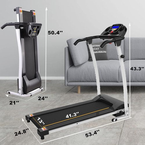 Foldable Treadmill for Home, Portable Electric Treadmill Running Machine with LCD Display and Wheels, Lightweight Compact Treadmill for Home Office Running Jogging Walking Exercise, White