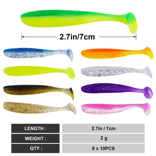 Soft Fishing Lures,90pcs Fishing Soft Plastic Lures and 5pcs Fishhook,Paddle Tail Swimbaits Soft Plastic Lures Kit for Bass Trout Walleye Crappie