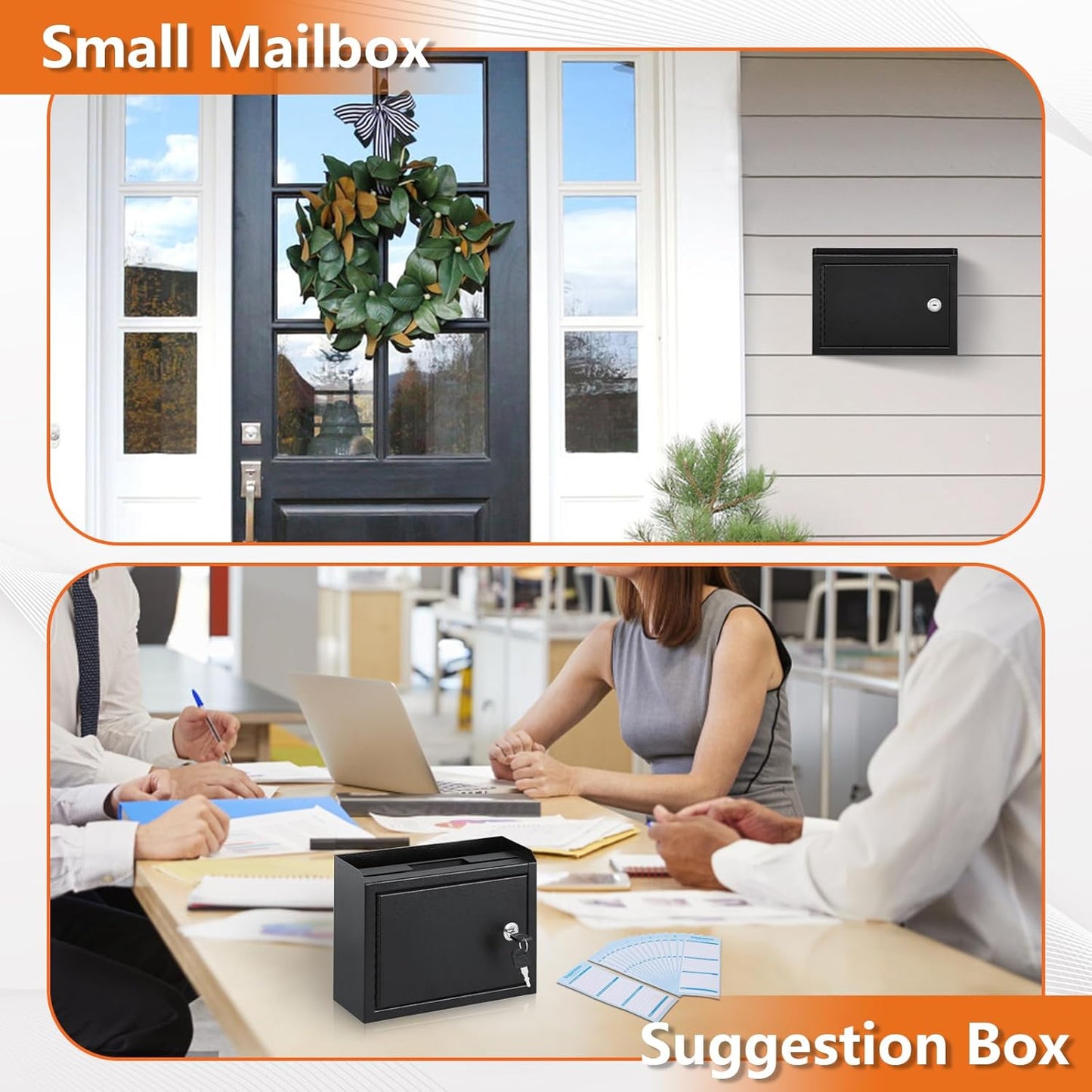 KYODOLED Suggestion Box with Lock and Slot, Small Locking Mailbox for Office, Wall Mount Safe Money/Key Drop Box with 50 Free Suggestion Cards, 9.8" W x 3" D x 7" H, Black