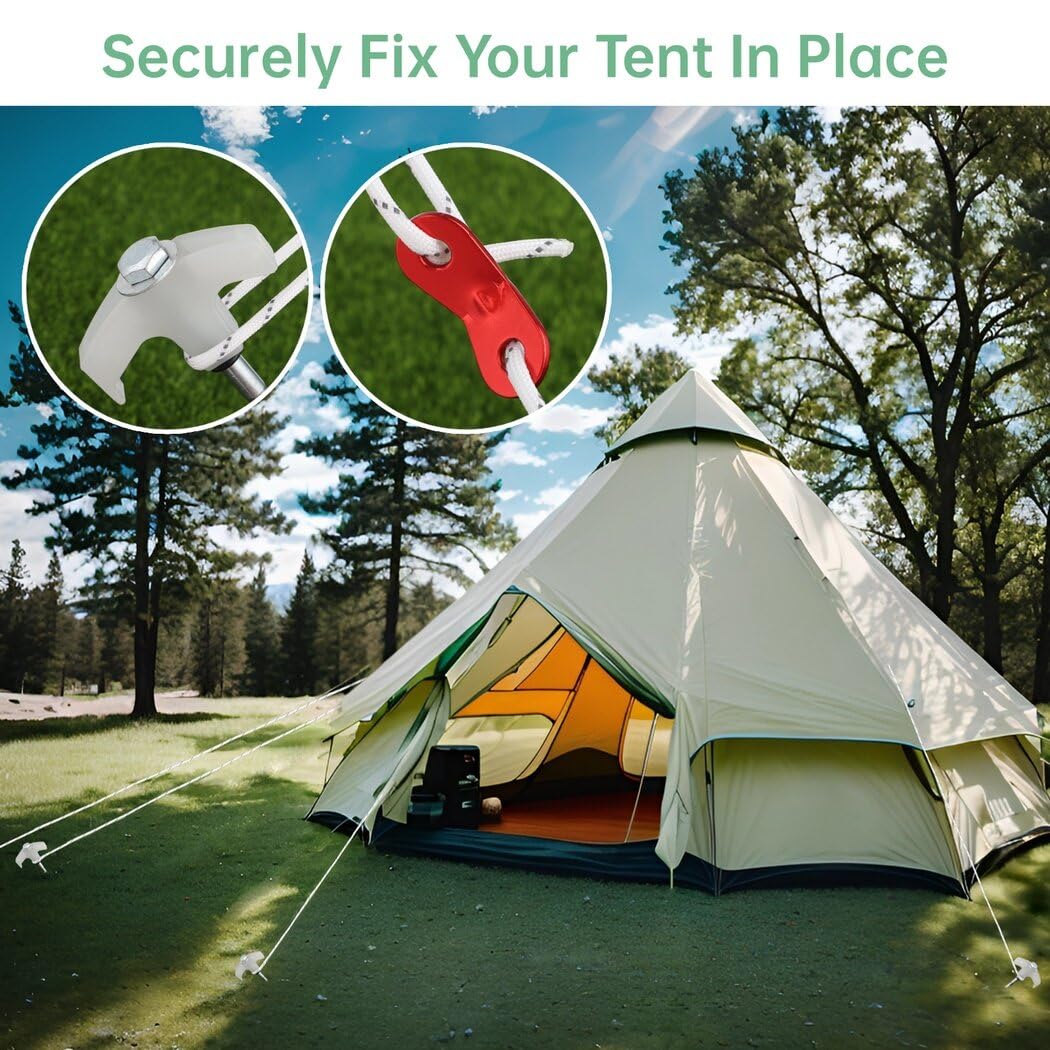 10 Pack Tent Stakes Heavy Duty Metal, 8 inch Tent Pegs Drillable Ground Anchors Screw in, Glow in The Dark Camping Stakes with Ropes and Tensioners, Hex Head Driver and Case