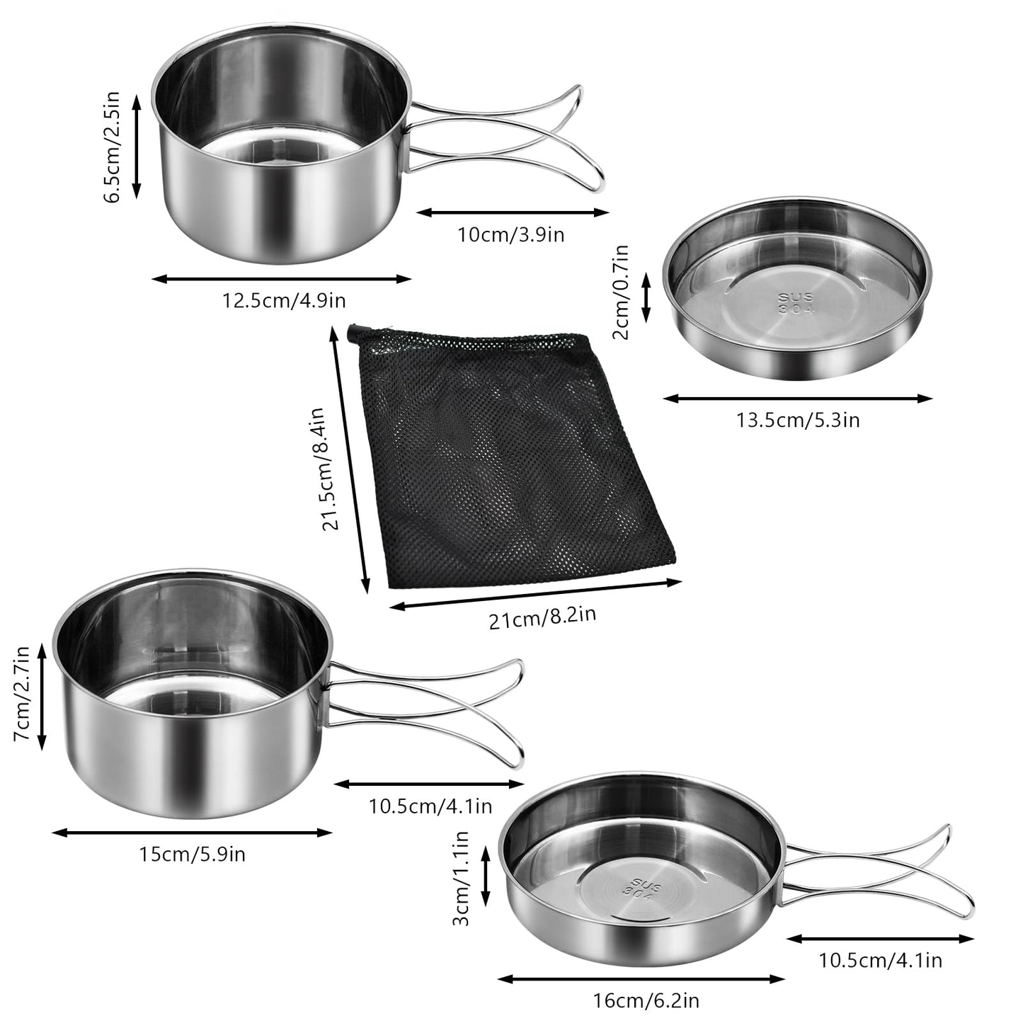 18/8 Stainless Steel Camping Cook Pot Set of 4 pcs, Camping Messware Kit, Camping Cooking Set, Backpacking Camping Cookware, Picnic Camping Cooking Mess Kit