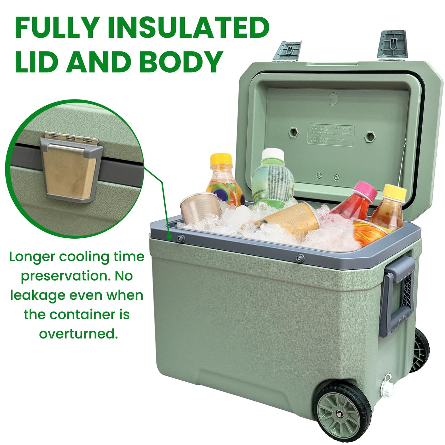 JUST-V 45L Cooler Insulated Portable Ice Chest Box with Heavy Duty Wheels Keeps Ice for up to 5 Days, Great for Beach, Camping, Tailgating, Sports, & More Green