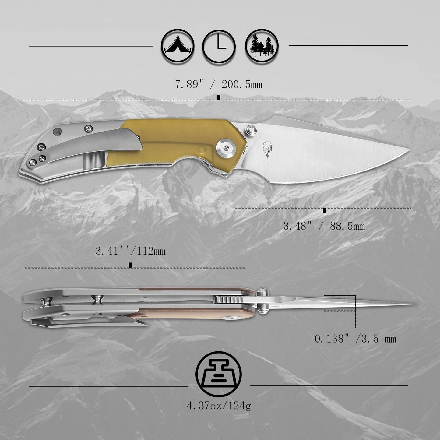 KANSEPT Fenrir Pocket Folding Knives for Men EDC Camping EDC Knives 3.48'' Satin CPM S35VN Material Camping Fishing Knives with Plain Titanium Amber PEI/Ultem Handle Everyday Carry K1034P1