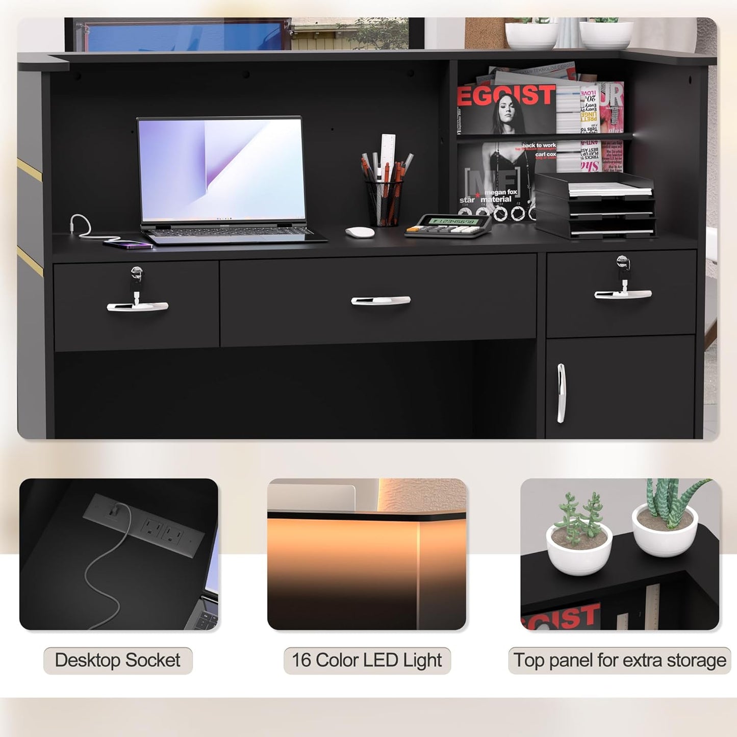 AHB Reception Desk with Counter, Modern Front Table Equipped Lockers & Storage Shelves, 50-inch Checkout Counter with LED Lights & DIY Stripe for Lobbies, Salons, Retail, Home Offices, Reception Room