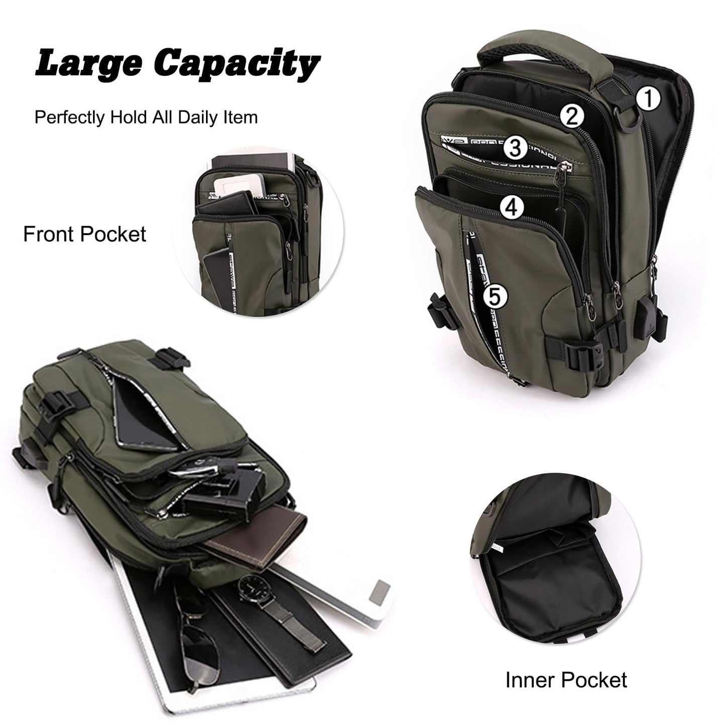FANDARE Men Sling Crossbody Backpack Crossbody bag for Men One Strap Motorcycle Chest Bag Cover Pack for Hiking Cycling Travel Outdoor Sport Small Casual Backpack with USB Charger Port Nylon Green