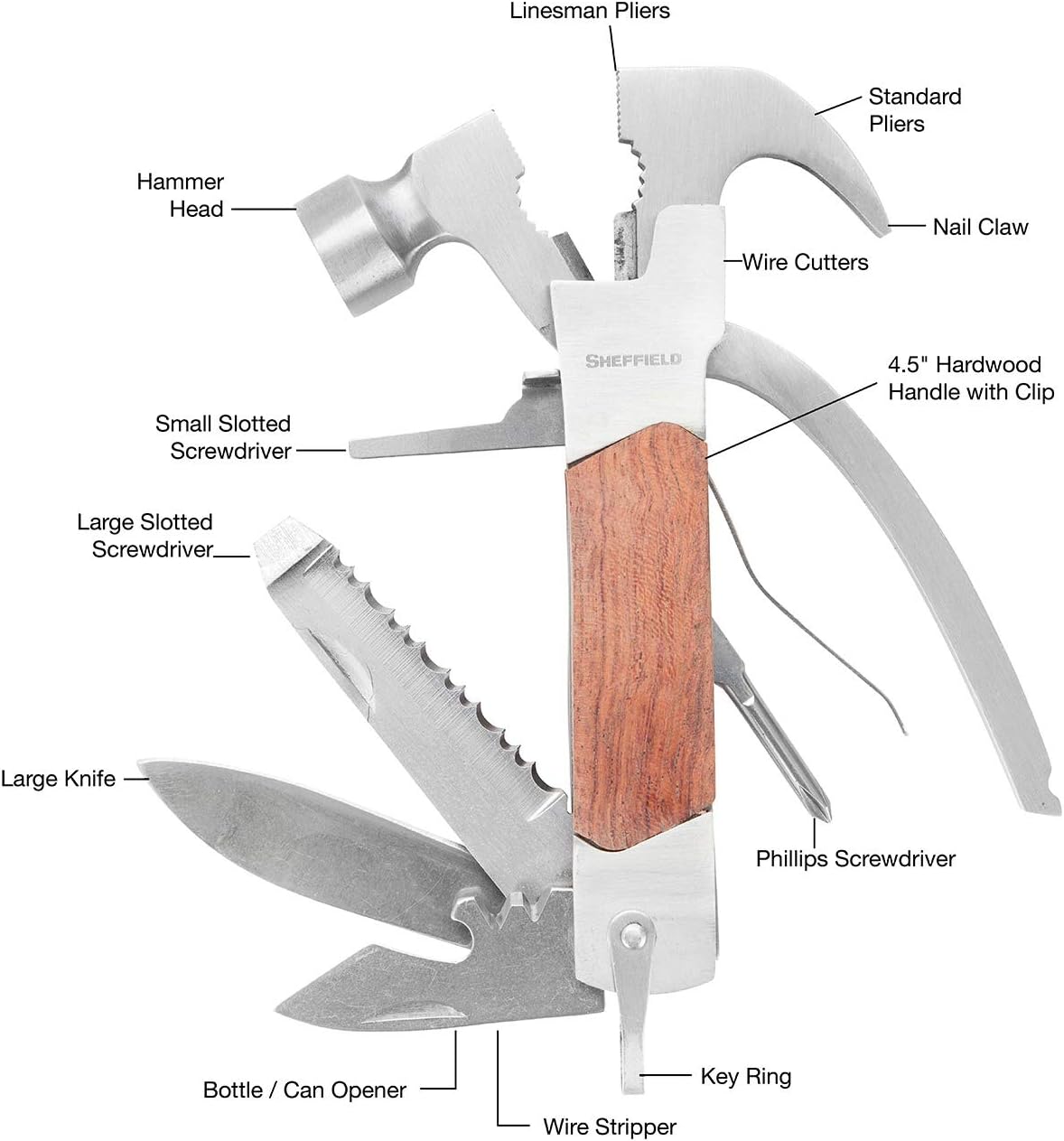 Sheffield 12301 Axe Multi Tool, 12-in-1 Camping Knives & Tools, Utility Tool Double Axe Head, Camping Tool, Stainless Steel Knife Multitool