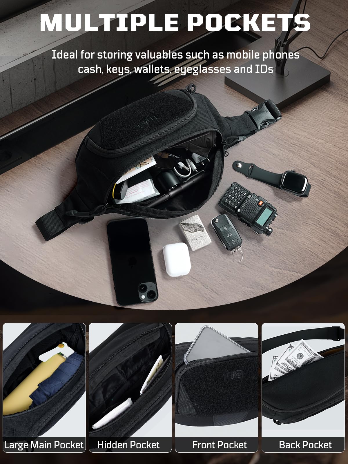 1TG Sling Bag for Men, Fanny Pack Waist Bag for Men Women Crossbody Bag Waist Pack Tactical Fanny Pack for Hiking Running Hunting Fitness Yoga Dog Walking Travel