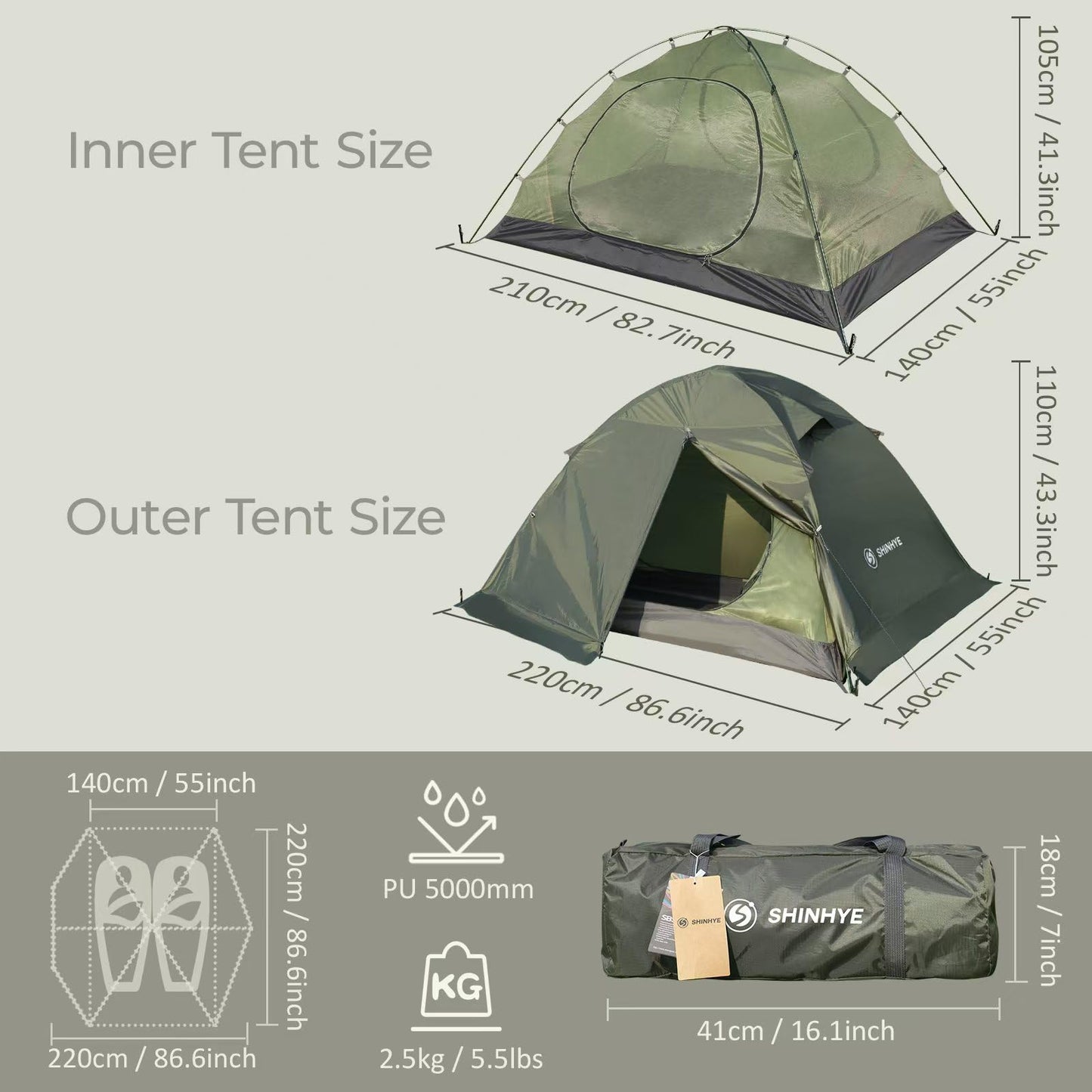 1/2 Person Backpacking Tent for 4 Season, Winter Ultralight Extreme Cold Weather Tents for Camping Easy Setup Waterproof Double Layer Tent for Family Outdoor Hiking Mountaineering (Green- 2 Person)