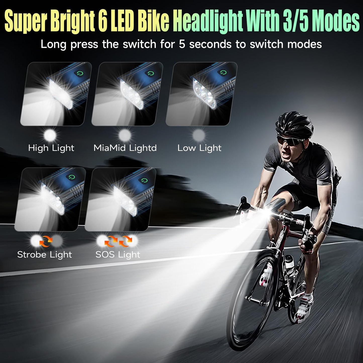 2025 New Super Bright High Lumens Bike Lights for Night Riding,6LED 360°Rotatable Bike Headlight,Bicycle Light-10 Modes,Long Runtime, Upgrade Waterproof USB Rechargeable Bike Light,with Taillights