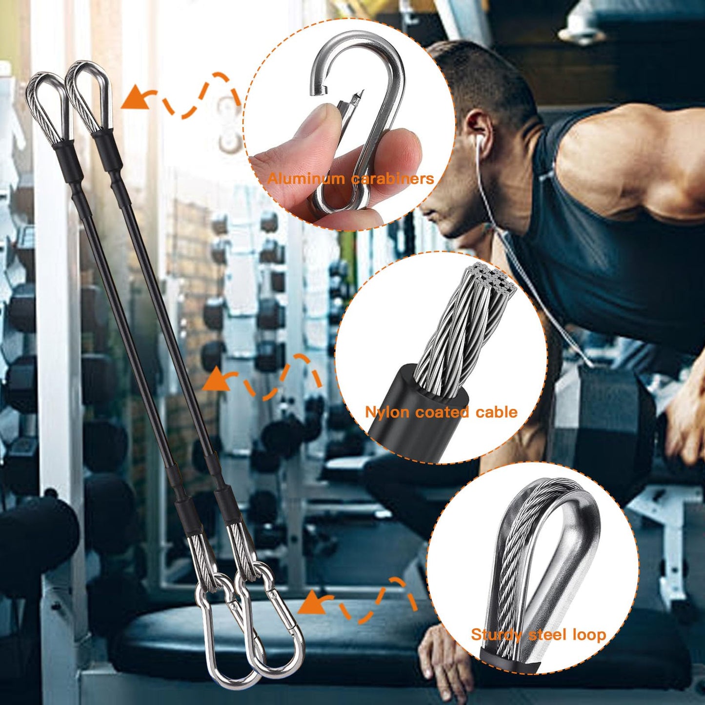 AIKESIWAY 2PCS Gym Cable Extension,Replacement Cable Machine Accessories,Cable Pulley Attachments for Gym -Thick 5mm(0.2inch) Heavy Duty Steel Wire Rope for Home Gym Cable (20 inch (2PCS))