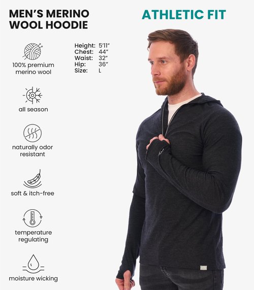 Merino.tech 100% Merino Wool Hoodie Men - Slim Fit Merino Wool Base Layer Mens Half Zip Thermal Long Sleeve Shirt and Socks (X-Large, 190 Charcoal Grey)