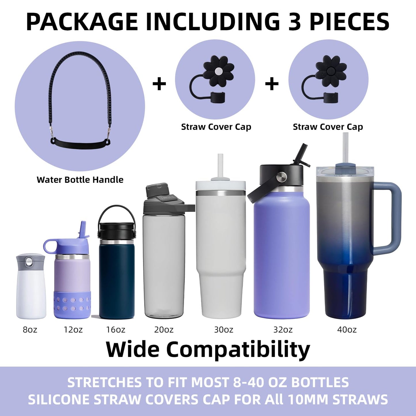 IKSII Water Bottle Handle&Straw Cover Toppers Cap,Silicone Water Bottle Sling Strap Carrier Holder with Strap Fits Most 8-40oz Bottles,Compatible Stanley Cup Accessories (Black)