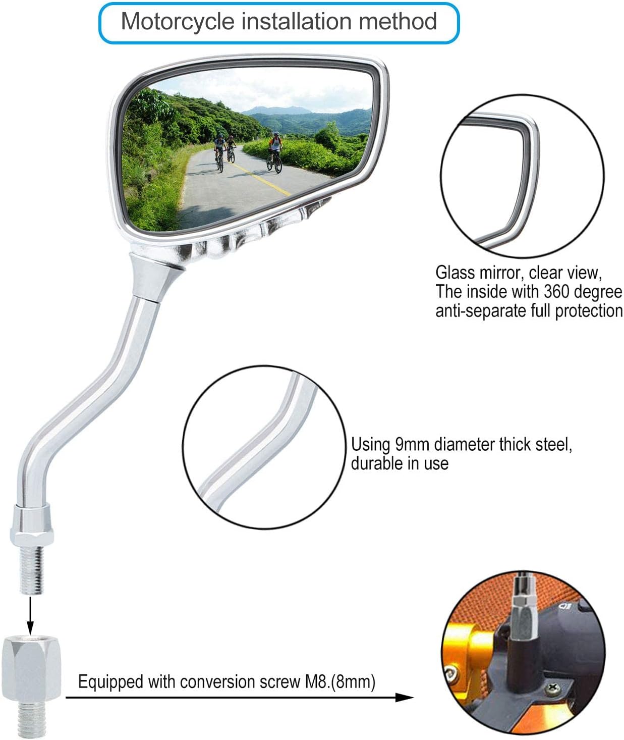 1 Pair Bicycle Mirror,Big View Bike Rear View Mirror Blindsight Multi Angle Adjustable Bike Mirror Billet Aluminum Chrome Plated Outside Skull Claw Style Also suitable for motorcycle mirror