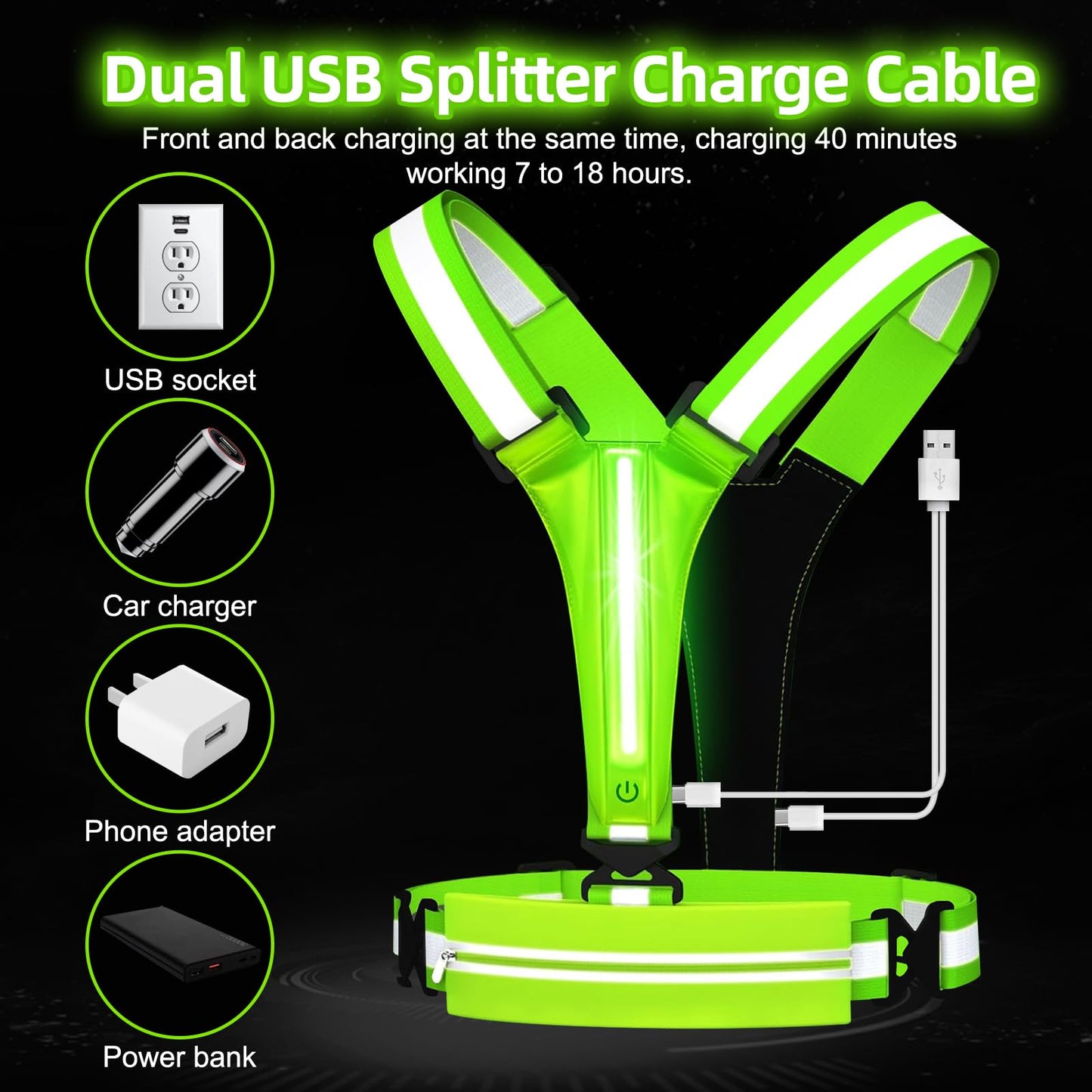 JZ LED Reflective Vest Running Gear-Reflective Vest for Walking at Night, High Visibility Night Running-Rechargeable Adjustable Led Light Up Running Vest with Armband for Runners Walkers Men (Green)