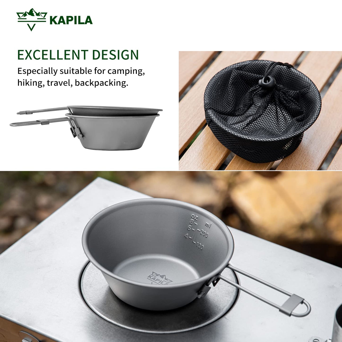 KAPILA 300ml Titanium Bowl with Folding Handle Outdoor Camping Picnic Dishes Portable Tableware