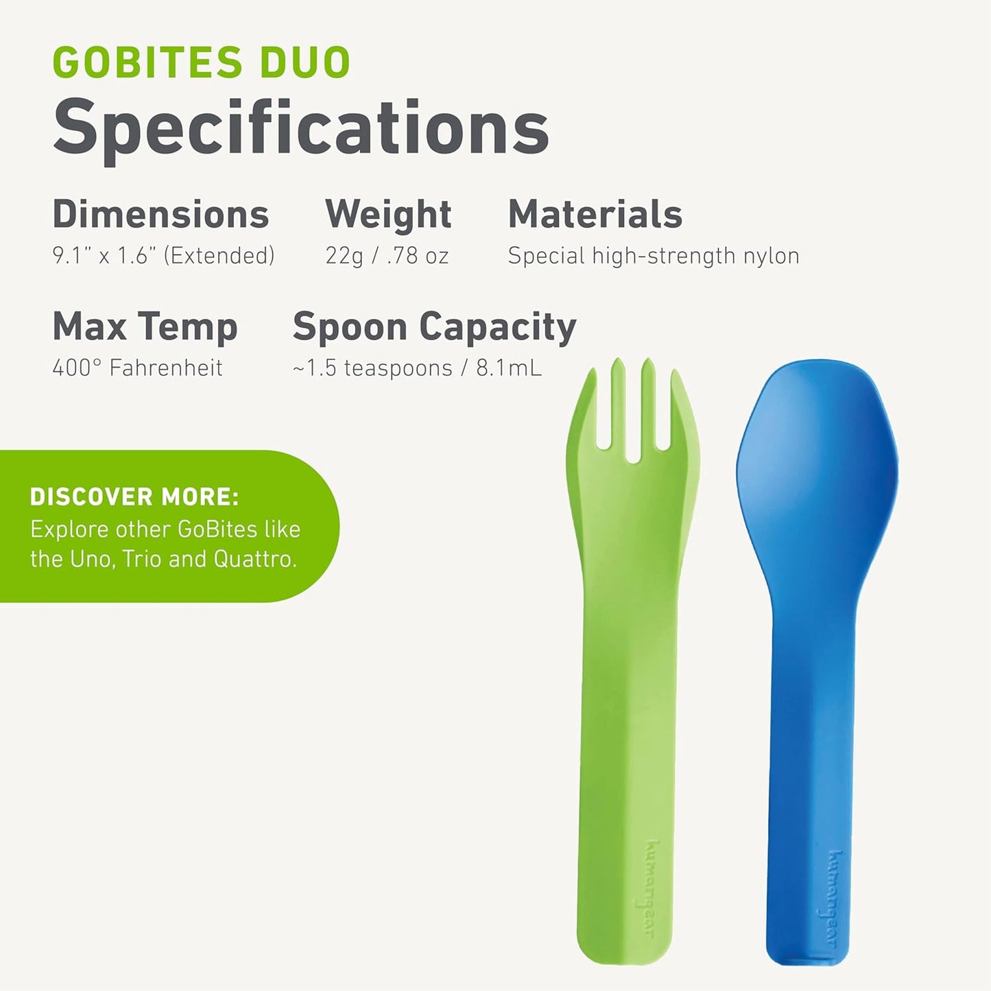 humangear GoBites Duo and Bio Duo Travel Silverware, Full Size Portable Fork & Spoon, Reusable Utensil Set, PC and BPA-free, Food-Safe Nylon or Plant-Based Resin, Extended - 9.1” X 1.6”