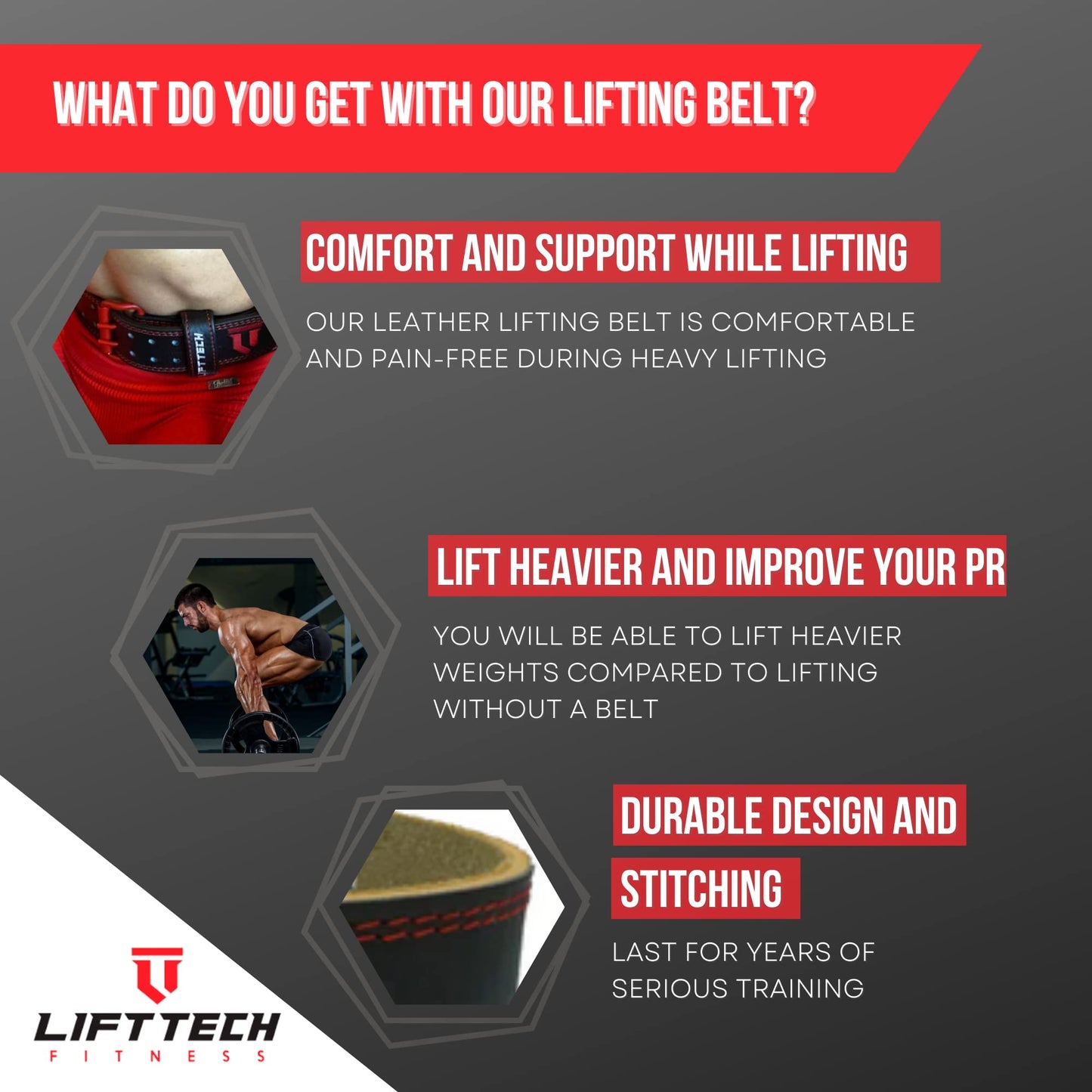 Lift Tech Fitness 4'' Weight Lifting Belt - Leather Workout Belt for Men & Women - Gym Belt for Deadlift, Squat, Powerlifting, Weights, Strength training - 4''PRO Leather Belt for Weightlifting - XL