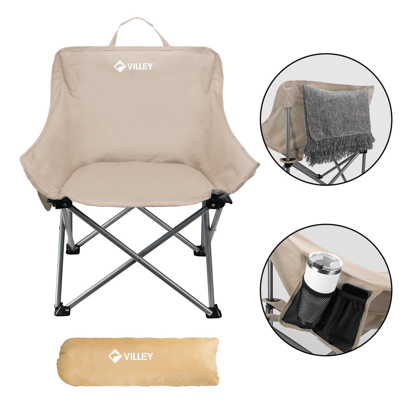 VILLEY Camping Chair Beach Folding Chair, Outdoor Lawn Portable Lightweight Chair, Foldable Chair with Carry Bag, for Outside Hiking, Fishing, Travel, Beach and Sports, Beige