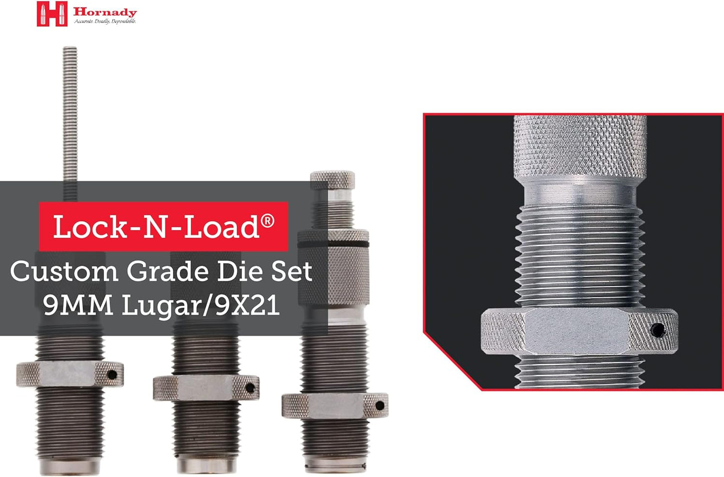 Hornady Custom Grade New Dimension 3-Die Set - Caliber Specific Reloading Equipment for Handloaders with Full Length Sizer Die, Seating Die, Sure-Loc Rings, & Storage Box