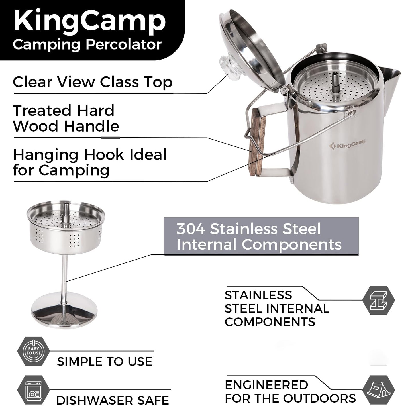 KingCamp Percolator Coffee Pot Campfire Coffee Boiler Kettle 304 Stainless Steel with Wood Handle for Outdoor Camping Cookware, Cabin, RV, Kitchen, Hunting & Backpacking, NO Aluminum or Plastic 9 Cup