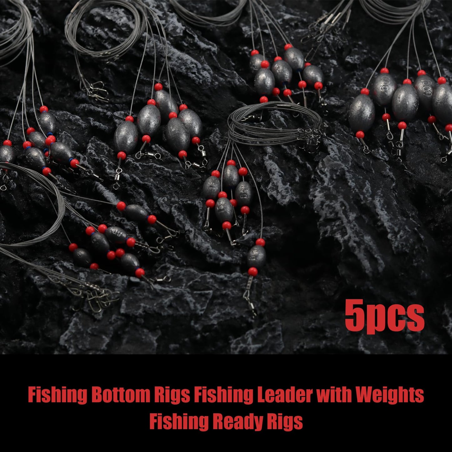 5pcs Saltwater Fishing Leaders with 10g,15g,20g,30g,45g,60g Sinkers - Pre-Tied Steel Wire Rigs for Coastal Angling(15g(1/2oz)-5pcs)