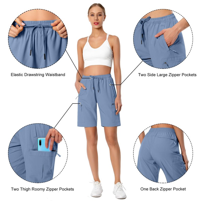 Hugut Women's Lightweight Hiking Cargo Shorts Quick Dry Athletic Shorts Camping Travel Golf Zipper Pockets Water Resistant Stone Blue