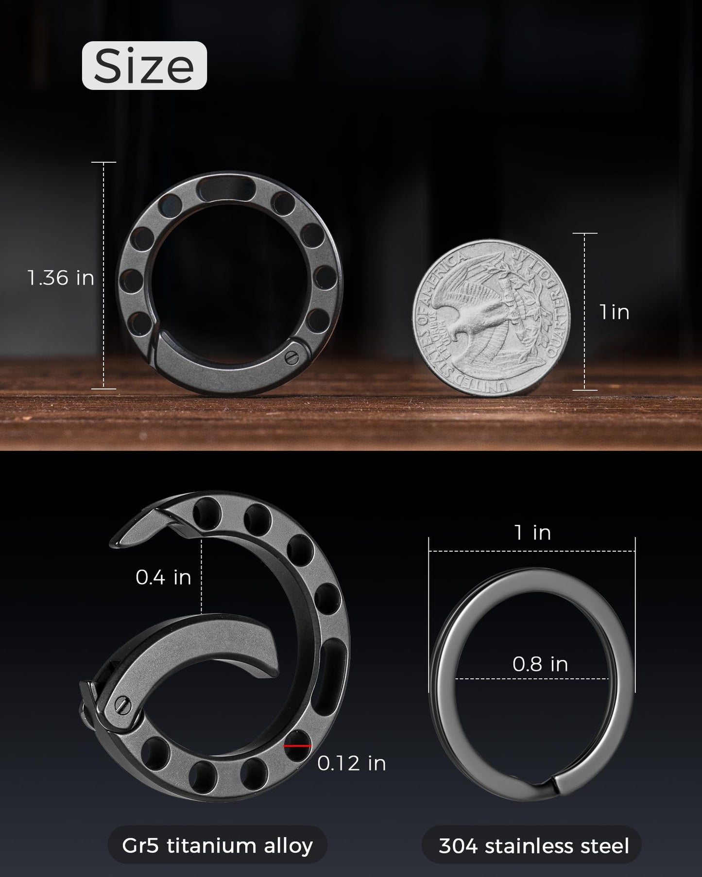 IUMIUN Titanium Circle Small Keychain Carabiner Clip with 2pcs 25mm/1inch Stainless Steel Key Rings, Quick Release Keychain for Men, Multi-Hole Design